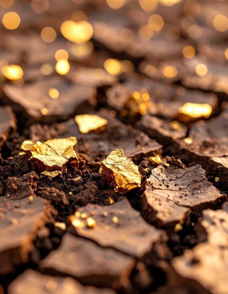 gleaming gold fragments scattered across a parched earth landscape in golden light gleaming gold fragments scattered across a parched earth landscape in golden light
